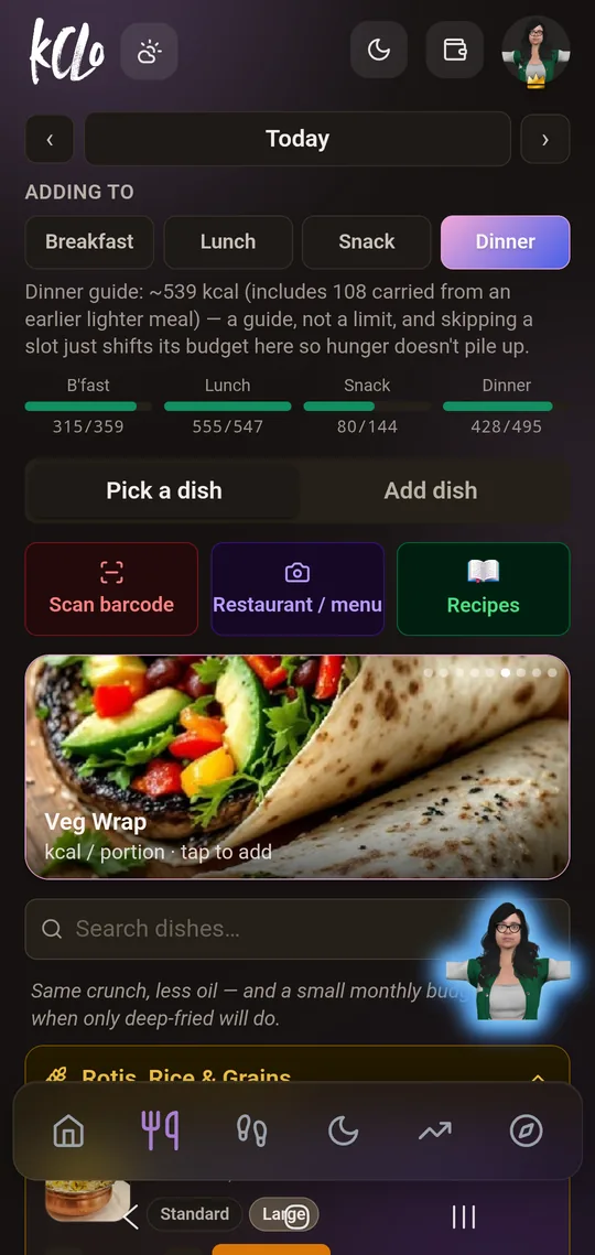 kClo Log tab, dark theme