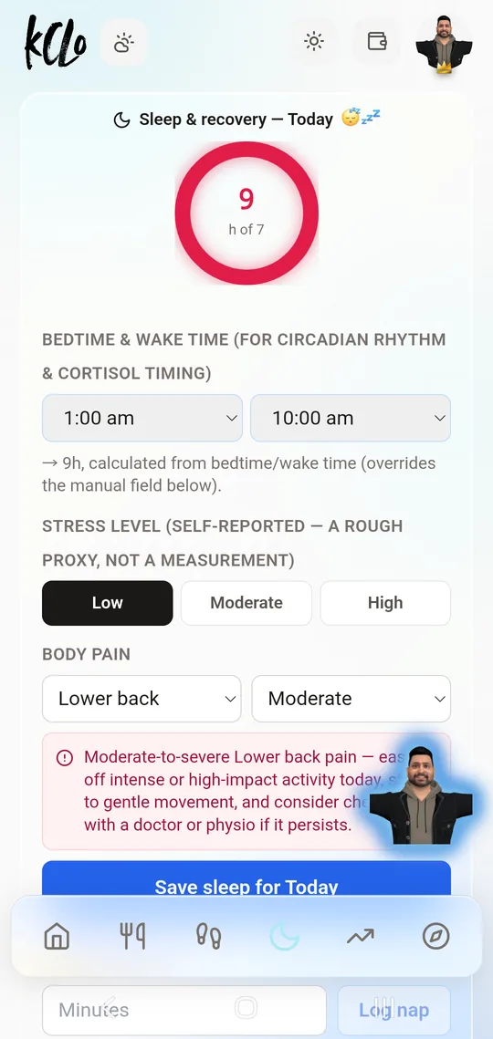 kClo Sleep tab, light theme