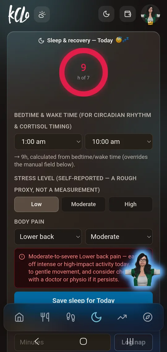 kClo Sleep tab, dark theme
