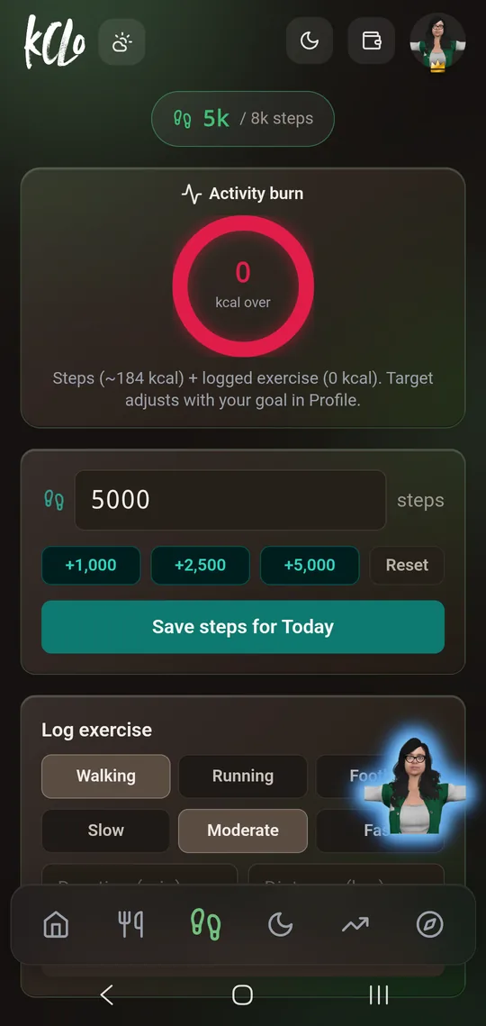 kClo Steps & Exercise tab, dark theme